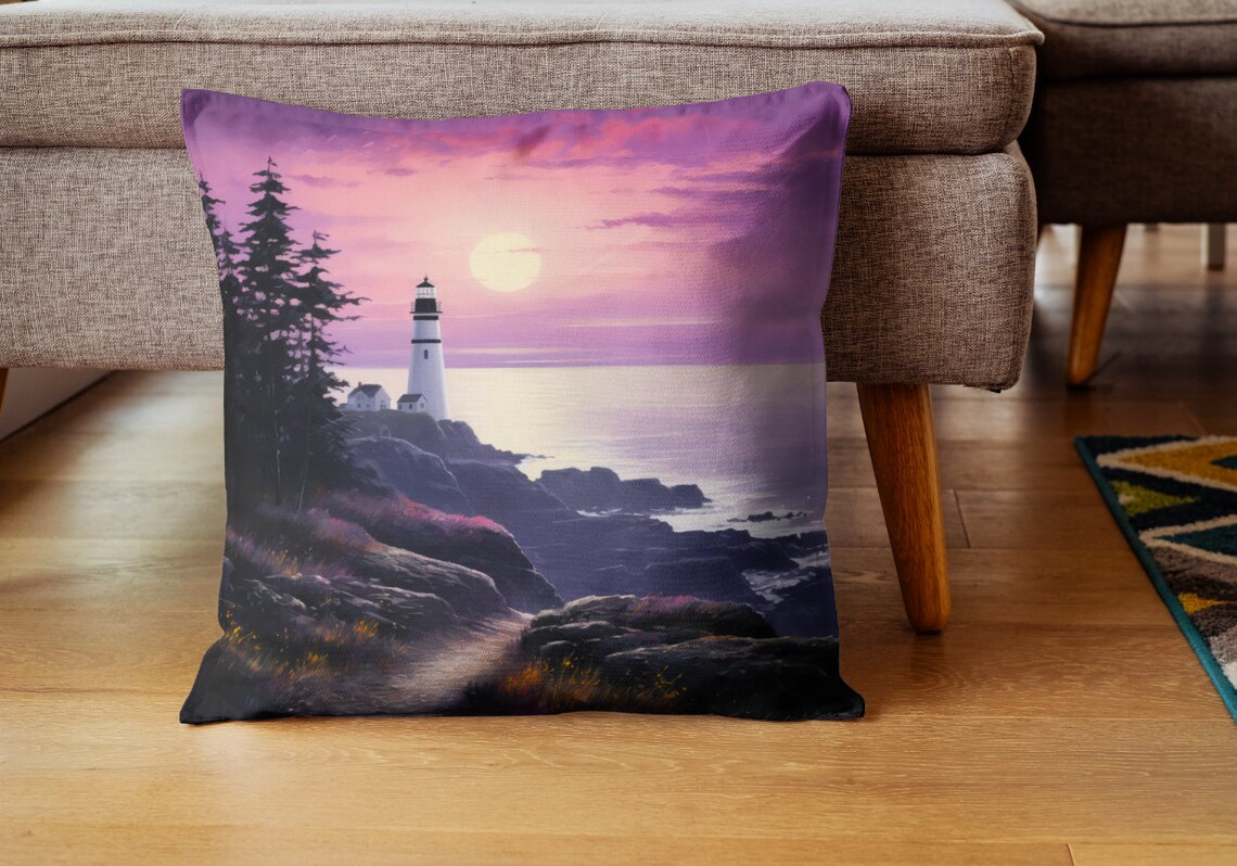 Coastal Lighthouse Sunset Rocky Shore Purple Dusk Seascape Art Poster