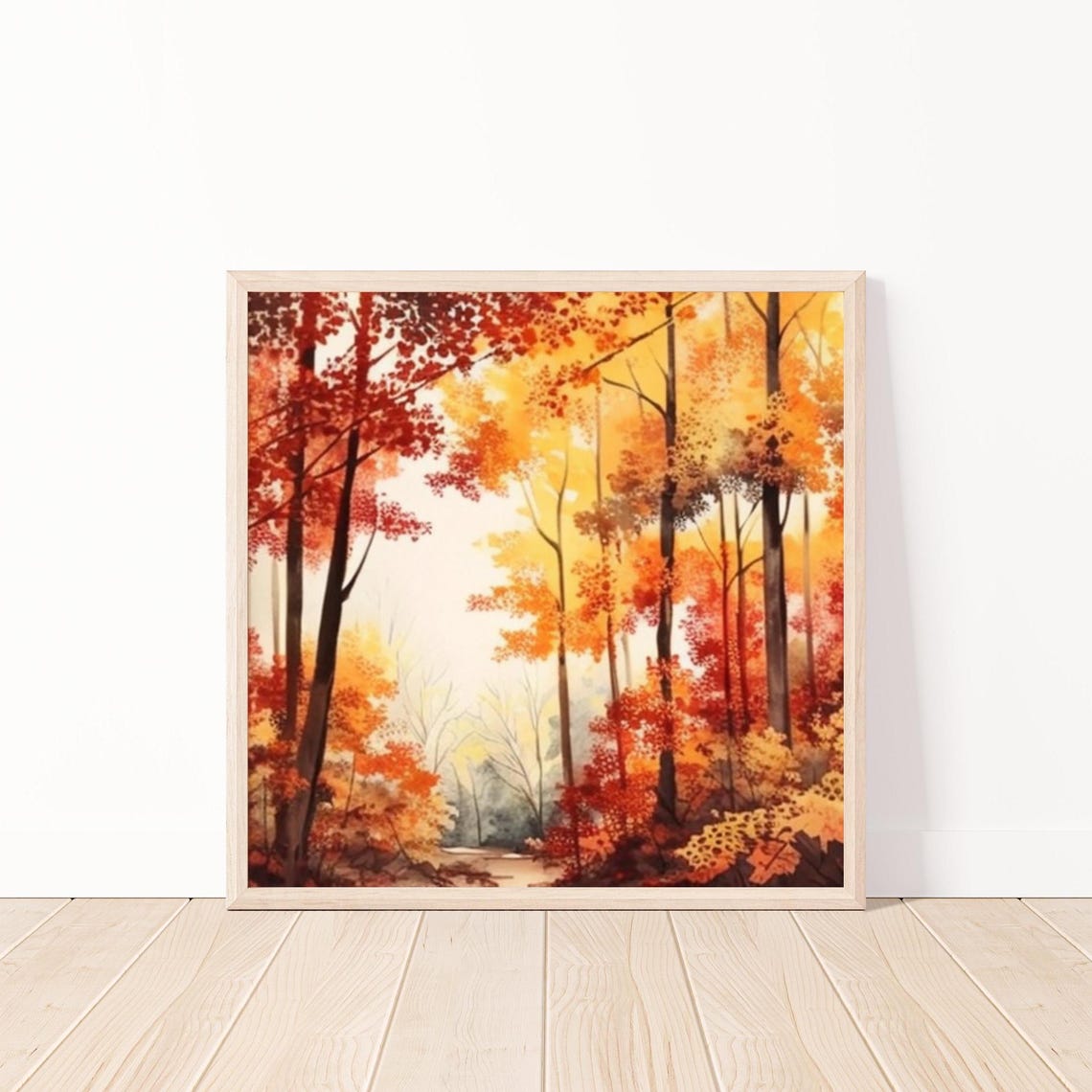 Autumn Forest Path Surrounded by Red and Orange Foliage Poster