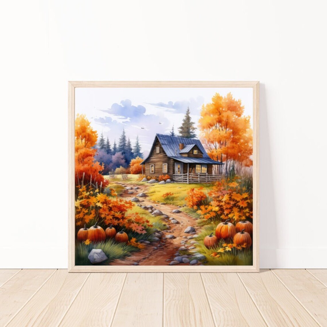 Watercolor Cabin In Autumn Art Print, Rustic Landscape