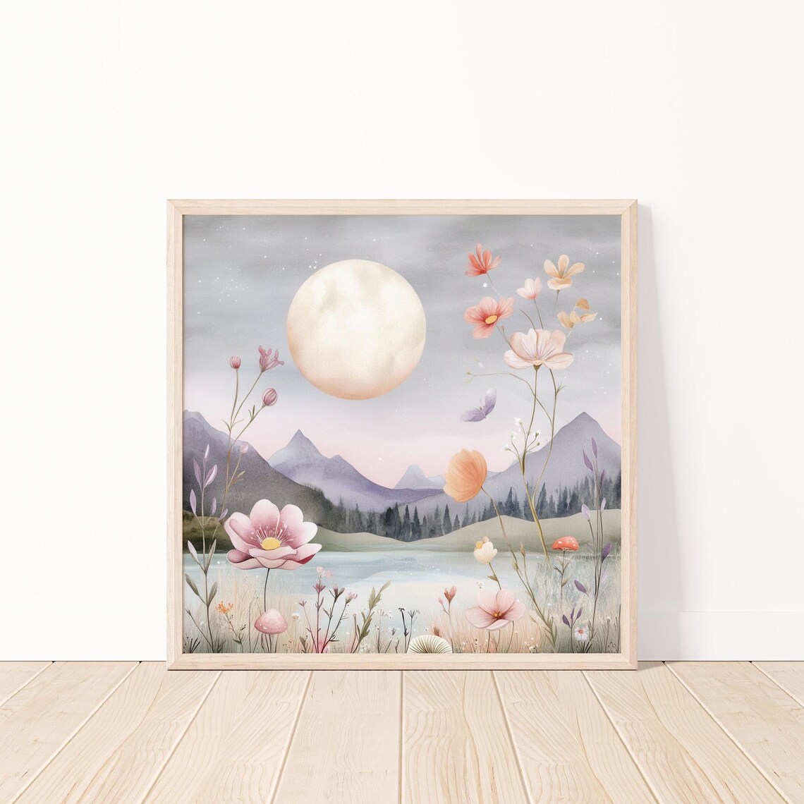 Full Moon Over a Lake With Pastel Wildflowers Watercolor Poster