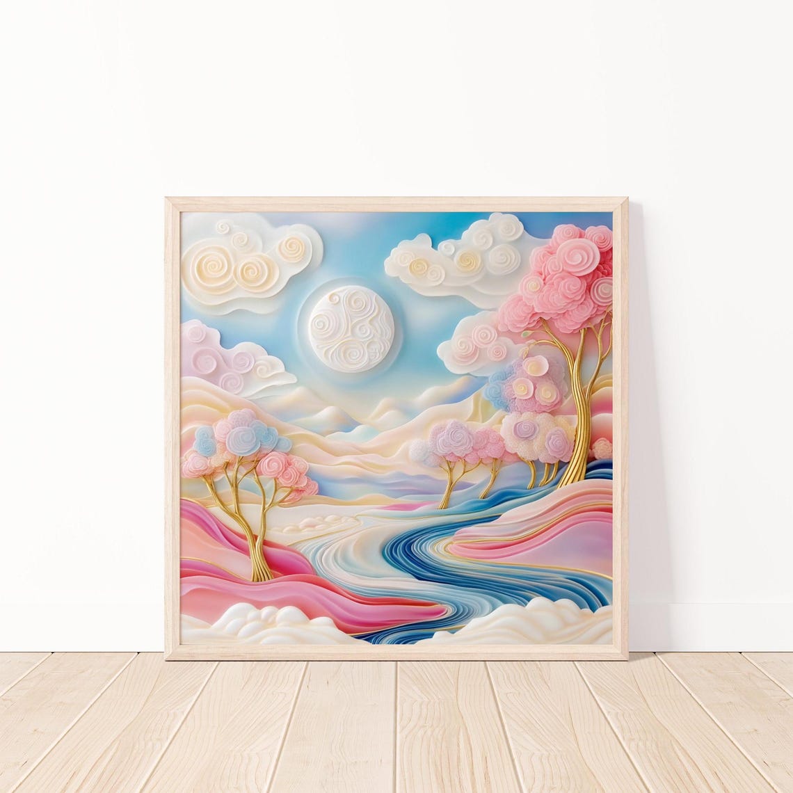 Pastel Paper Quilling Dreamscape With Moon Over Pink River Poster