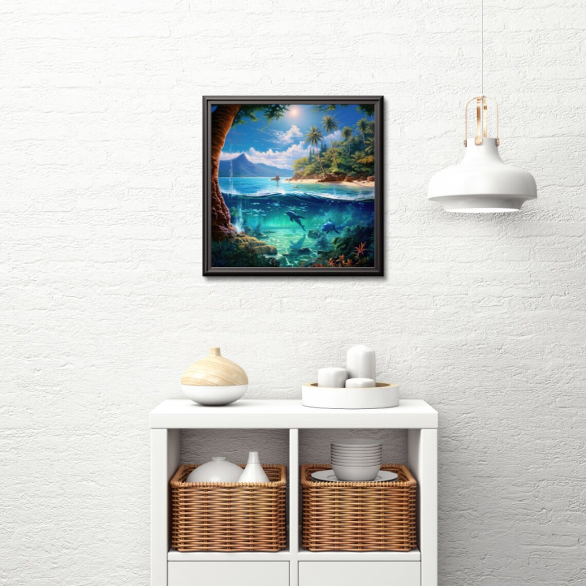 Tropical Island Above Water Dolphins Underwater Split View Art Poster - Image 2