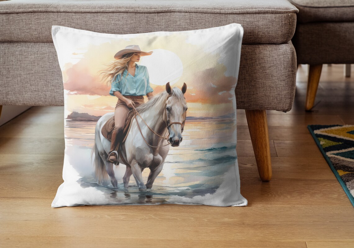 Cowgirl Riding White Horse on the Beach at Golden Sunset Poster - Image 2