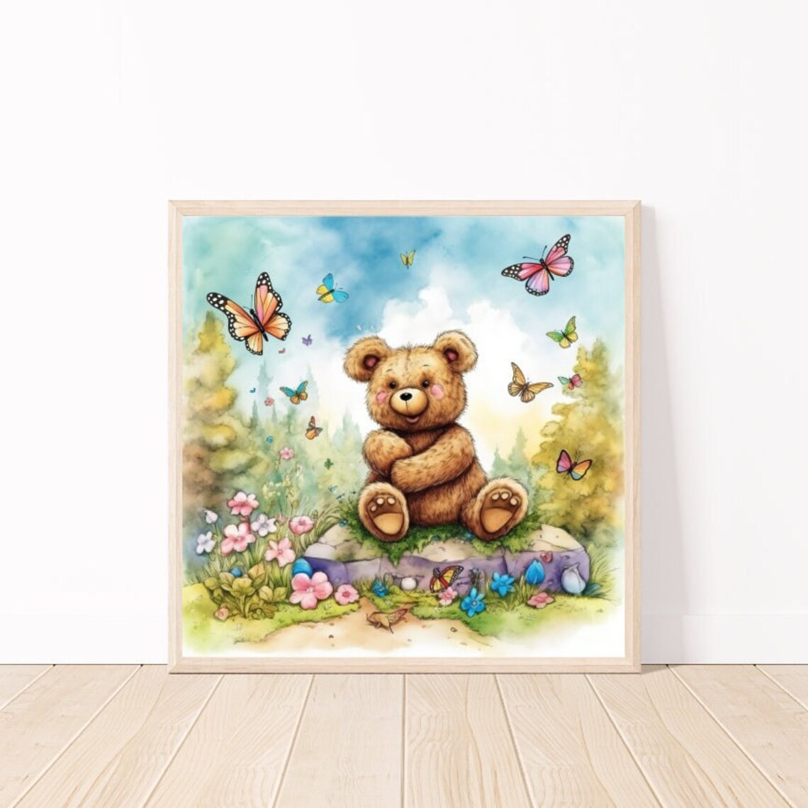Cute Teddy Bear Sitting Among Butterflies and Wildflowers Poster