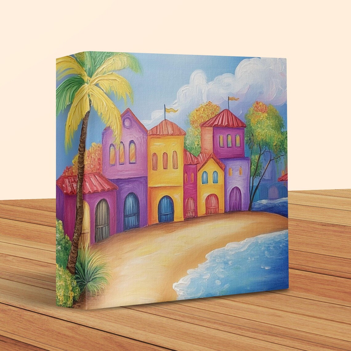 Colorful Coastal Village Painting With Palm Tree and Sailboat Poster - Image 2
