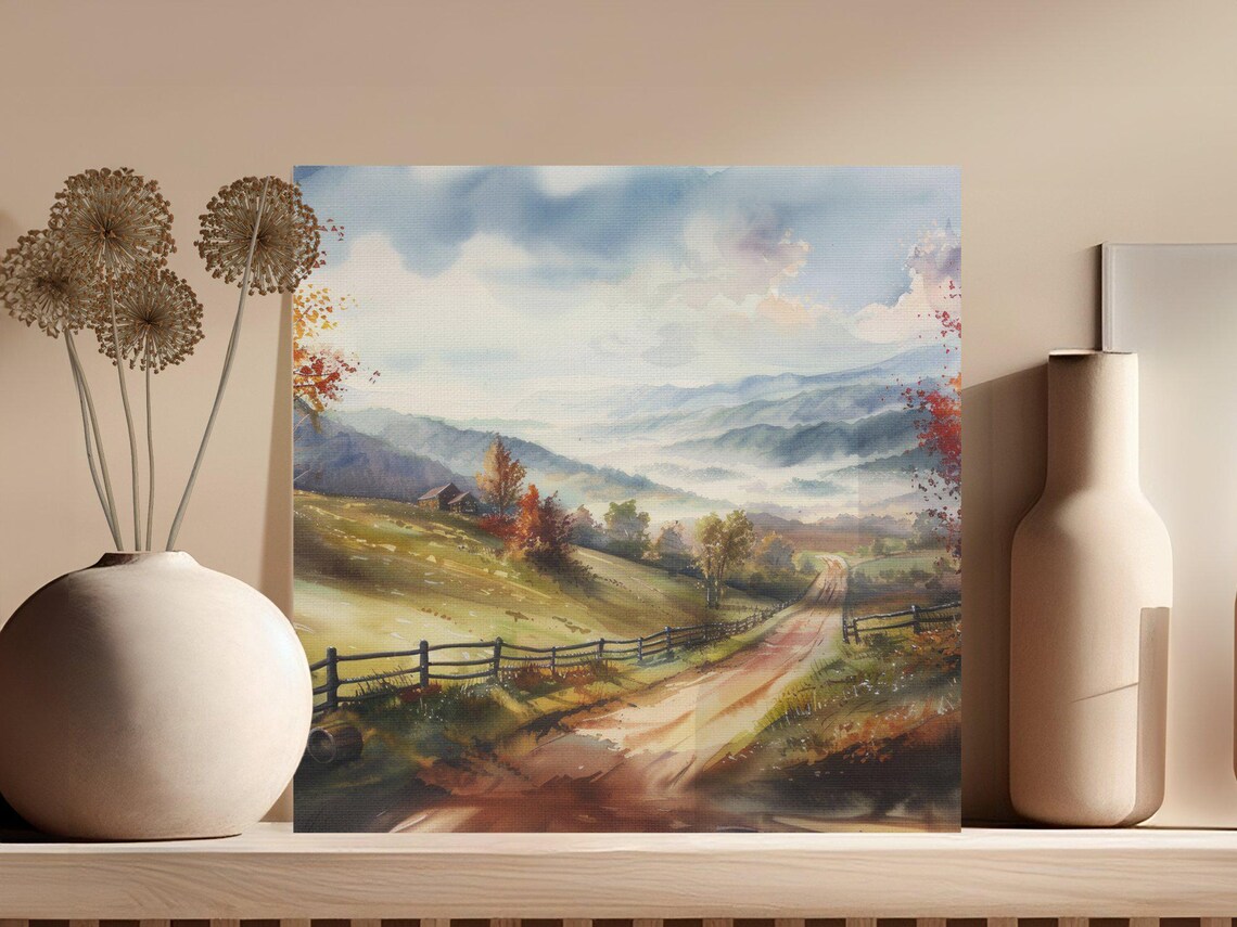 Scenic Watercolor Countryside Autumn Landscape Art Print - Image 3