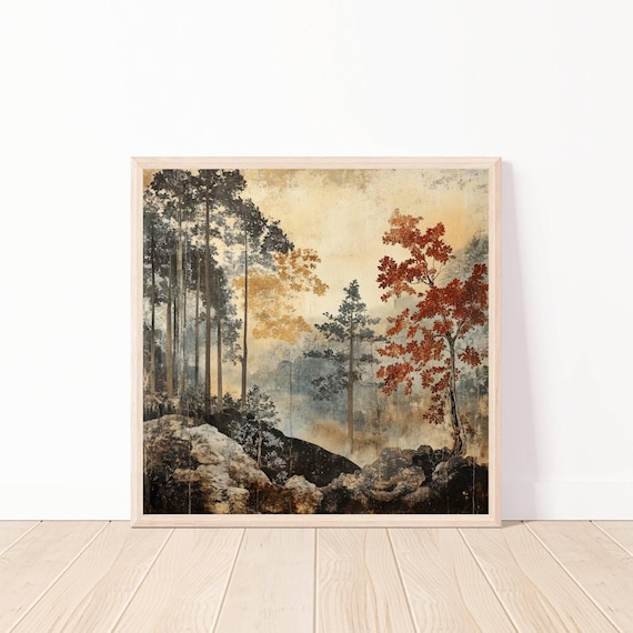 Asian Inspired Autumn Forest Painting With Red Tree And Rocks Poster