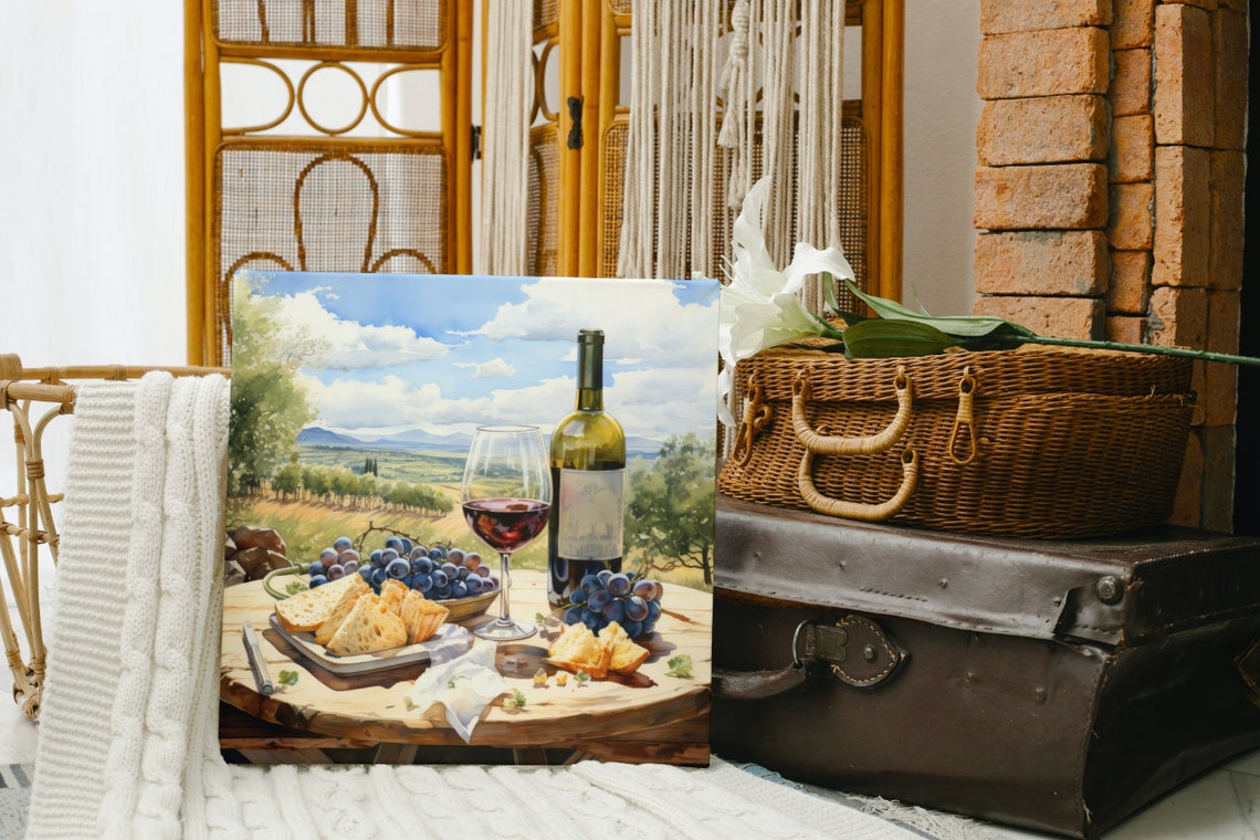 Red Wine Glass and Bottle With Cheese and Grapes Countryside Poster - Image 4