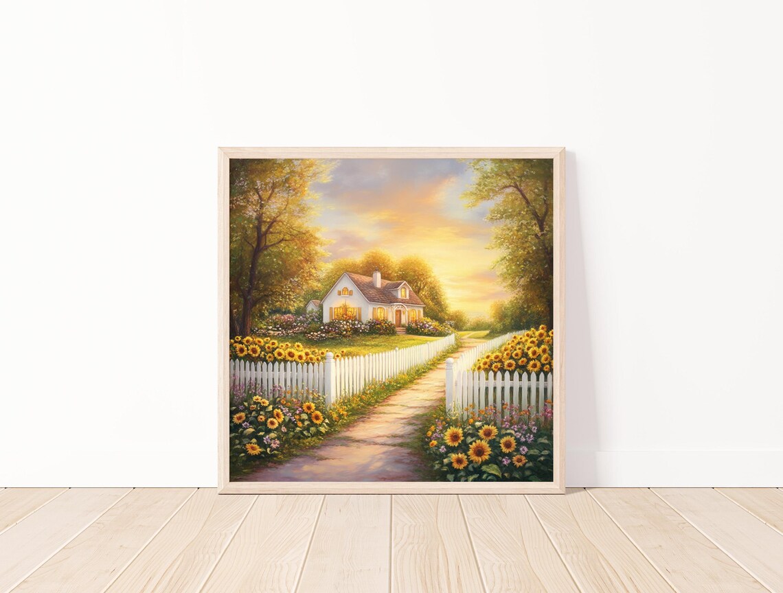 Sunflower Lined Path To Country Cottage Golden Sunset Landscape Poster