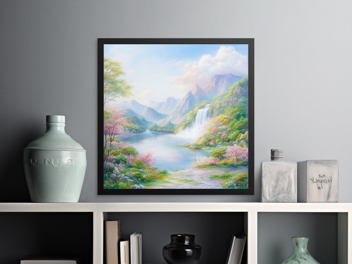 Pastel Mountain Lake Waterfall Cherry Blossom Dreamy Spring Art Poster - Image 2