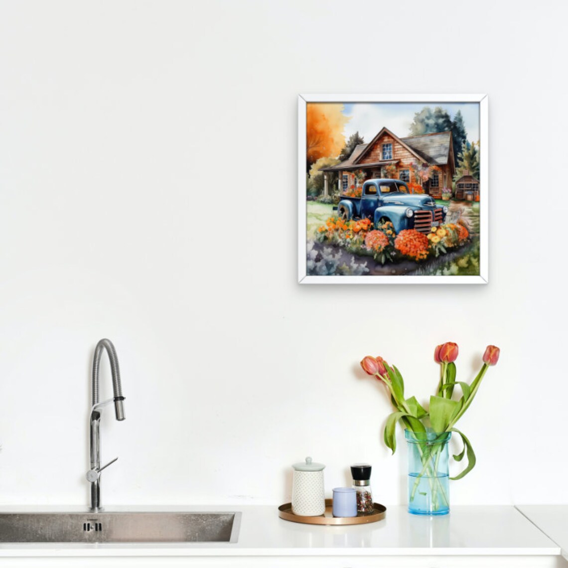Vintage Blue Pickup Truck Flower Farm Autumn Farmhouse Art Poster - Image 4