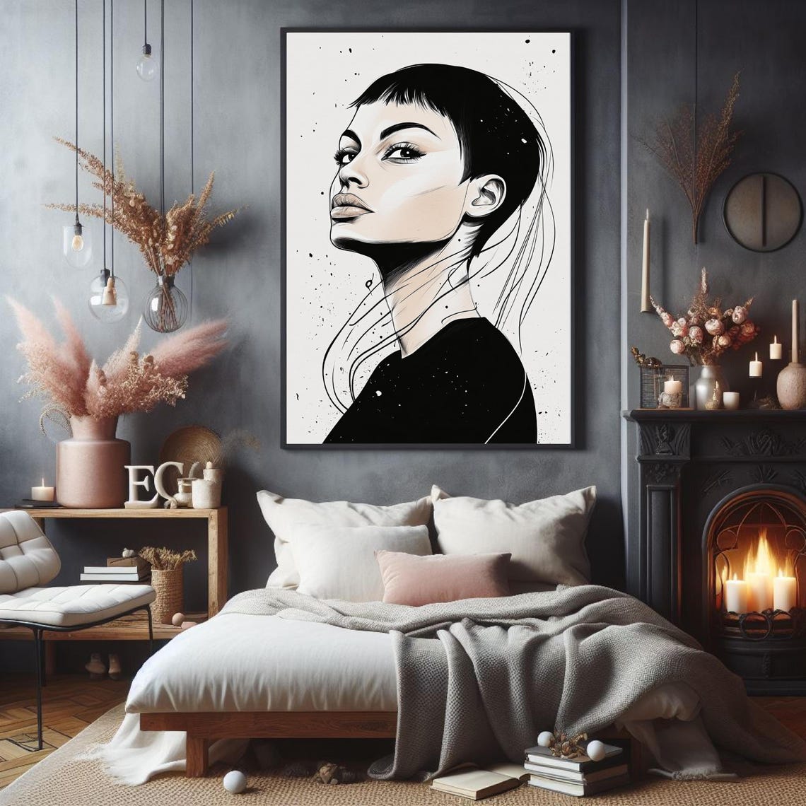 Black White Woman With Flowing Hair Silhouette Sketch Ink Splatters Abstract Minimalist Art For Modern Interior Wall Decor - Image 2