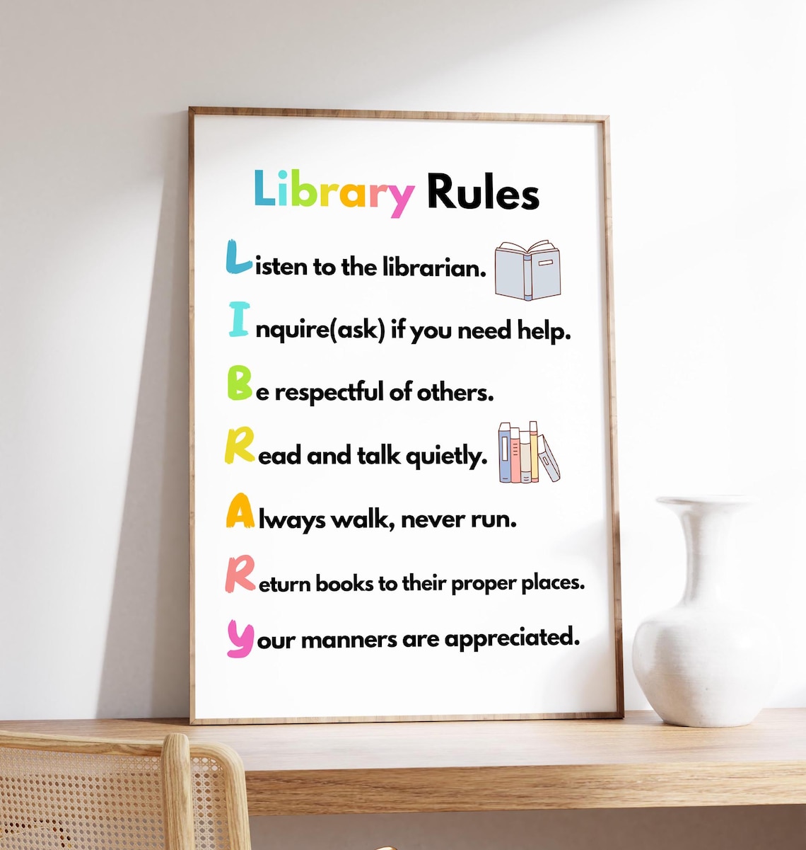 Library Rules Poster, Classroom Education Art Print