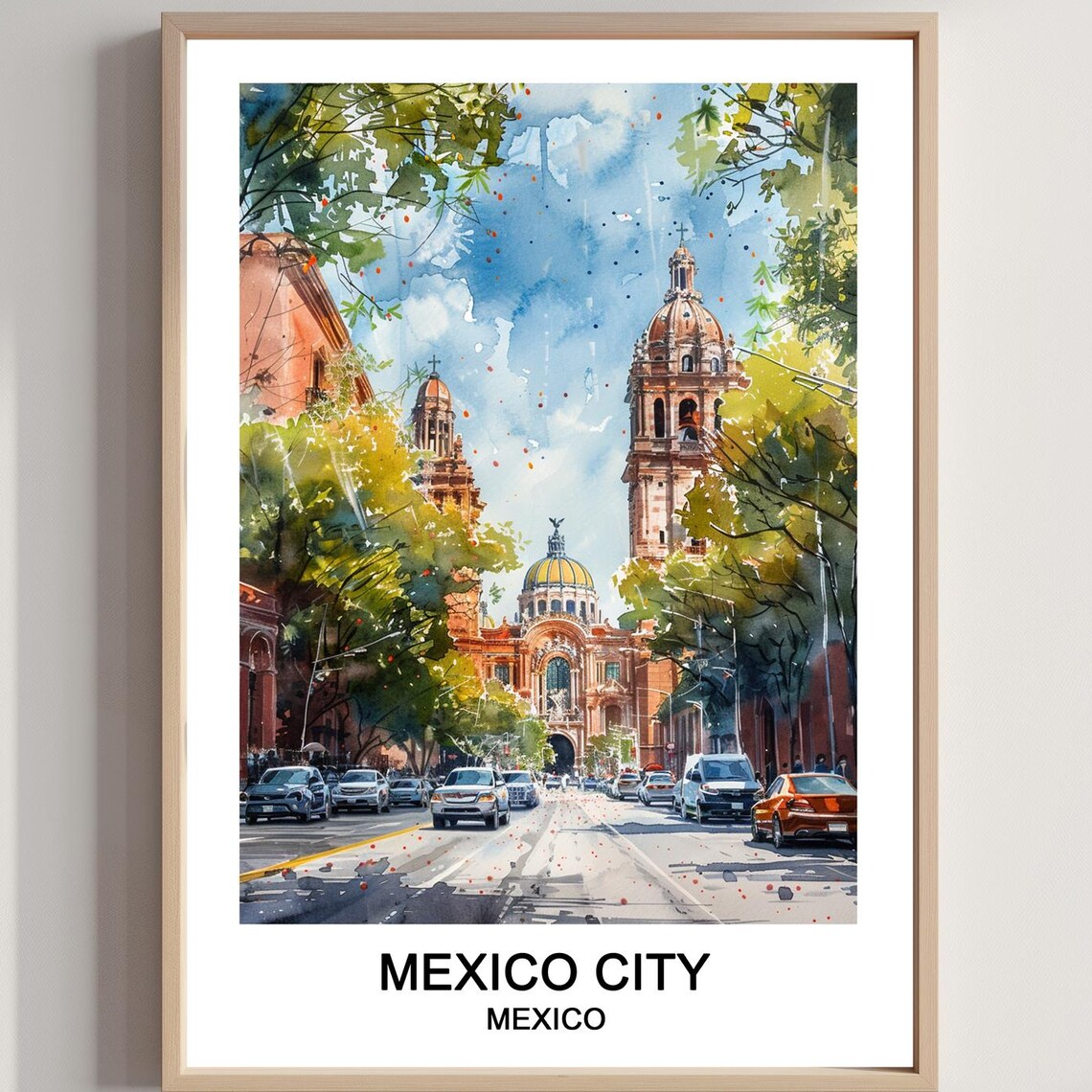 Mexico City Watercolor Metropolitan Cathedral Street Avenue Poster