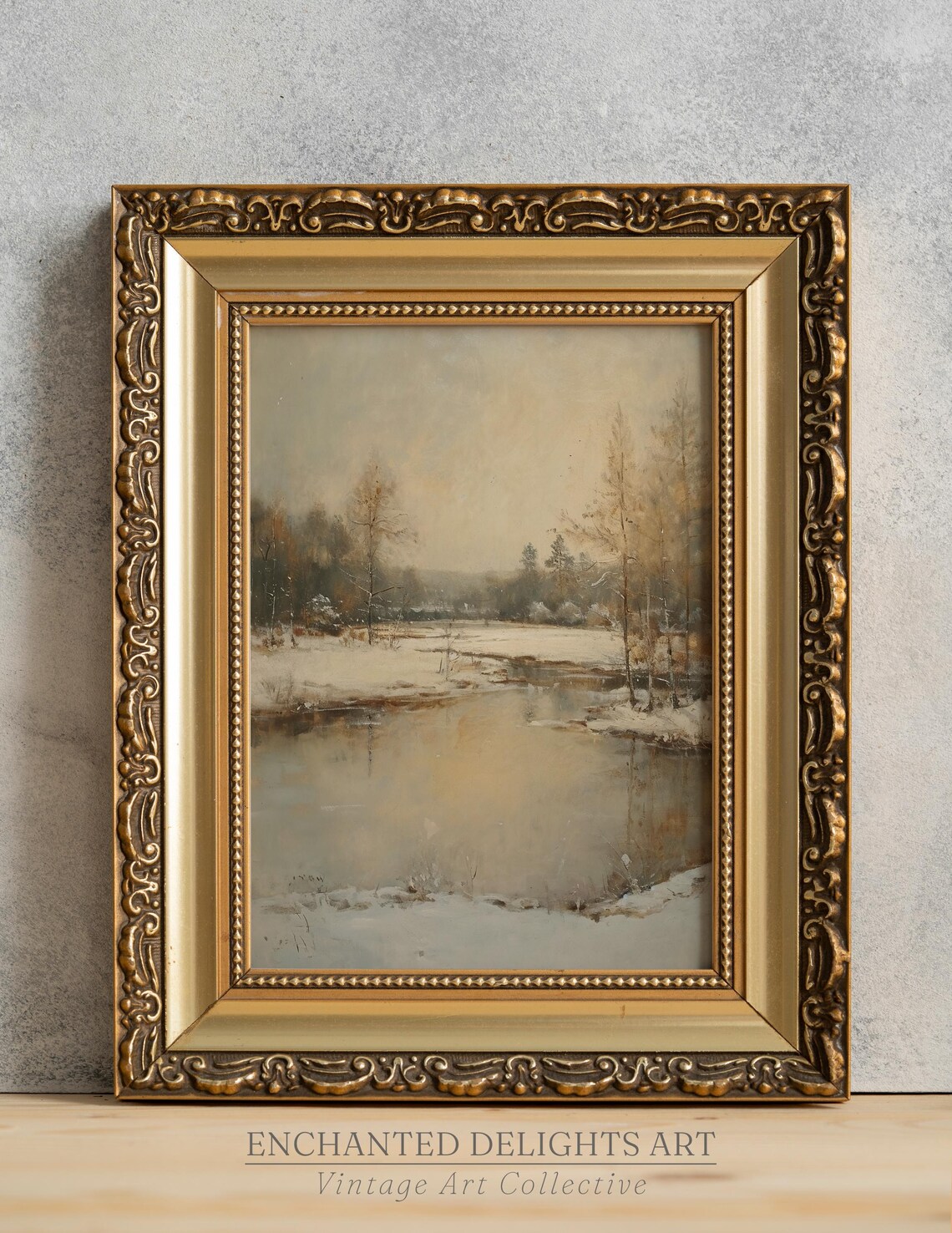 Frozen Pond Snowy Banks Bare Trees Winter Vintage Painting Poster
