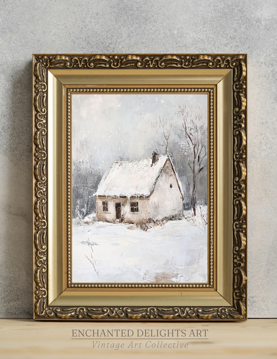 Snowy White Country Cottage Winter Woods Vintage Painting Poster