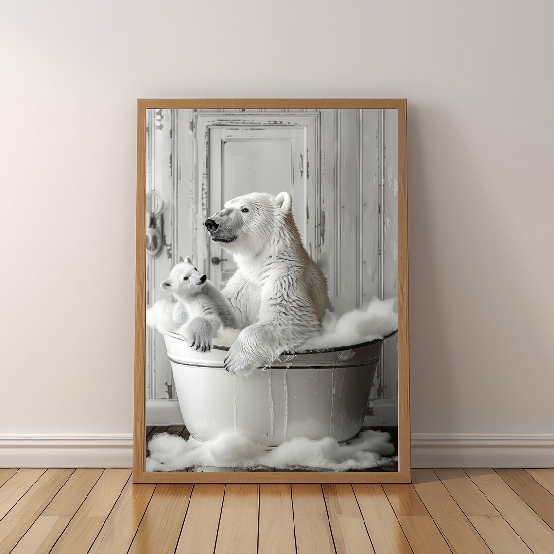 Polar Bears in Tub Bathroom Art Print, Black and White - Image 5