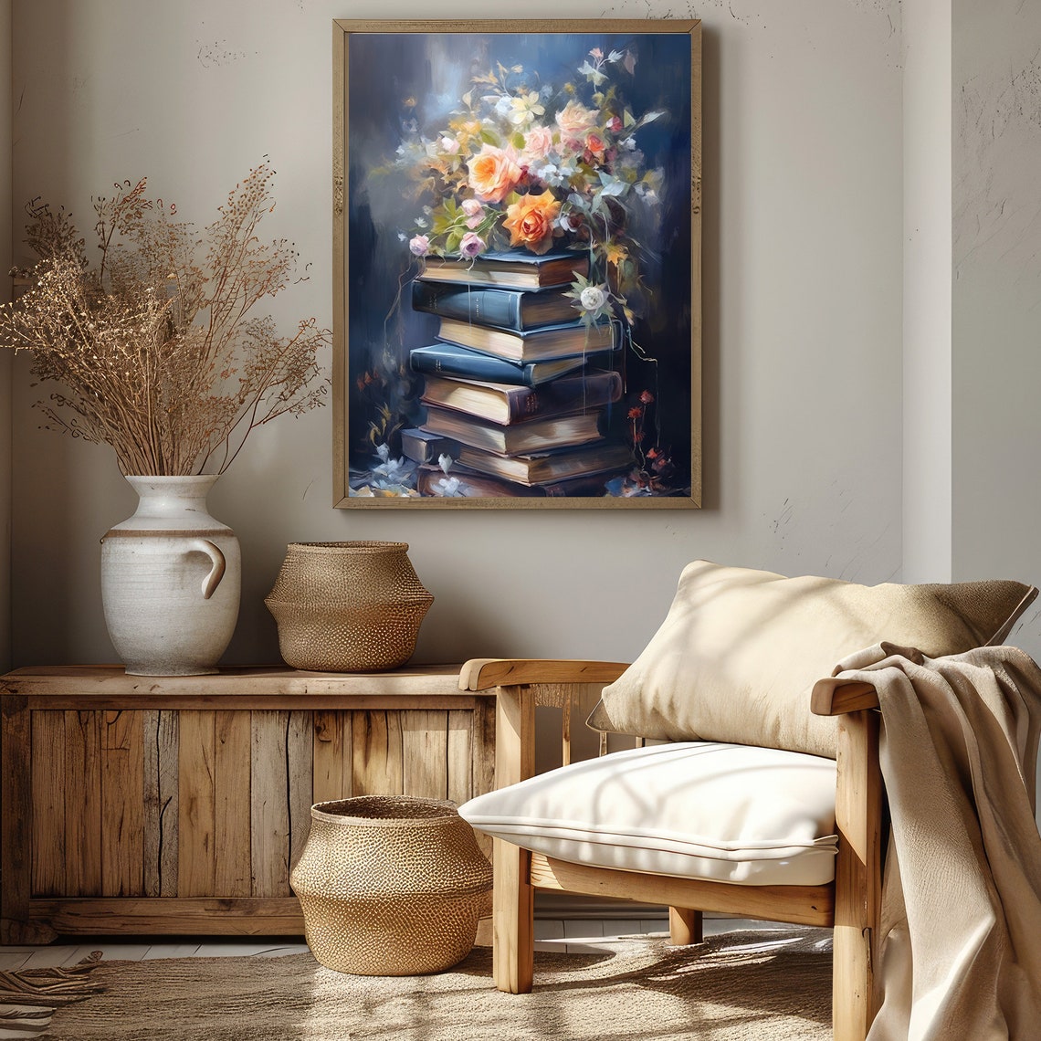 Moody Book Stack Painting Dark Roses Floral Library Decor Wall Art - Image 4