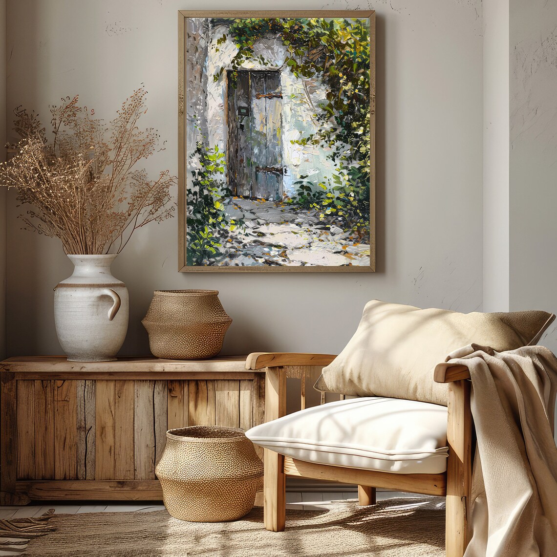 Old Wooden Door Covered In Vines Sunlit Courtyard Oil Art Poster - Image 3