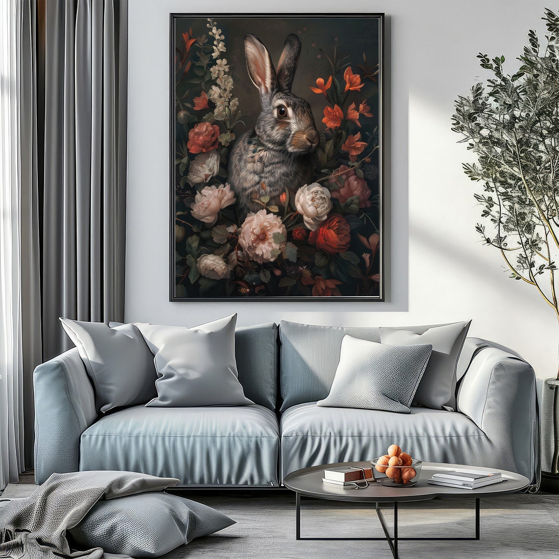 Elegant Rabbit Portrait Among Flowers Dark Botanical Art Poster - Image 3