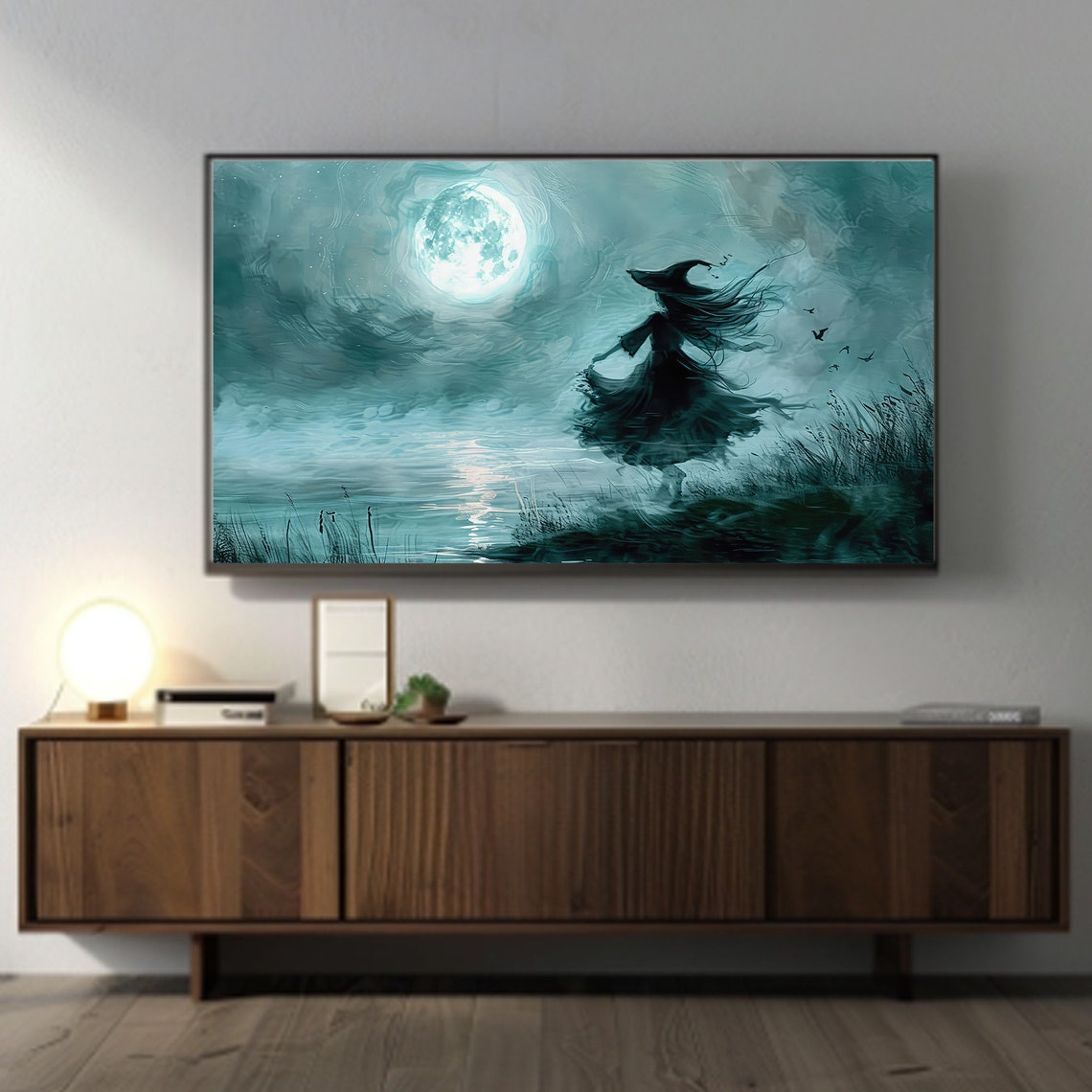 Spooky Witch Silhouette Under Full Moon Lake Halloween Poster - Image 4