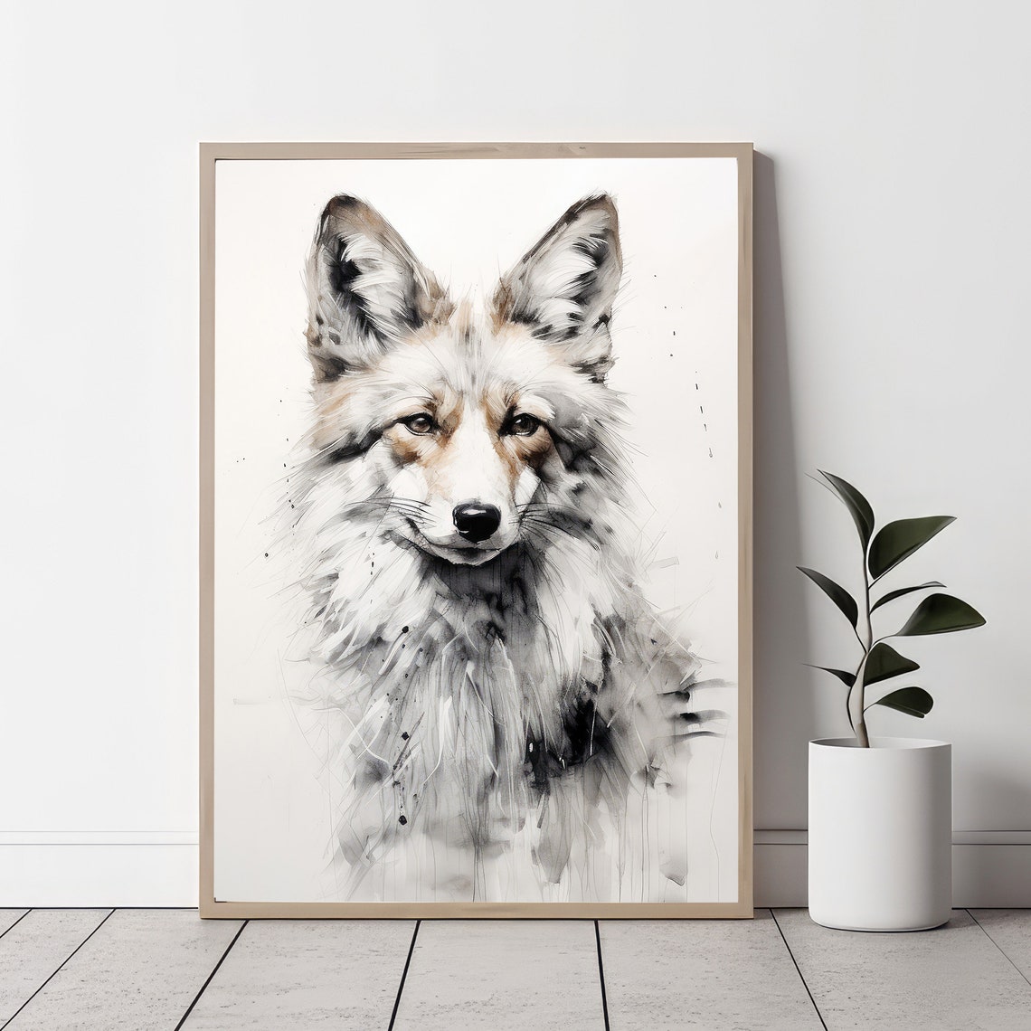 Minimalist Fox Portrait Sketch Grey Woodland Neutral Nursery Wall Art