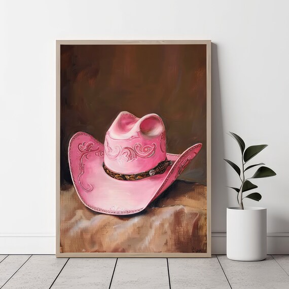 Pink Cowboy Hat With Tooled Leather Still Life Painting Poster