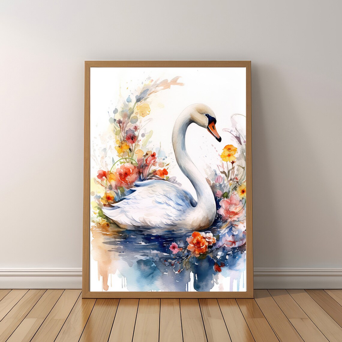 White Swan Watercolor Painting Flowers Elegant Bird Floral Wall Art - Image 6