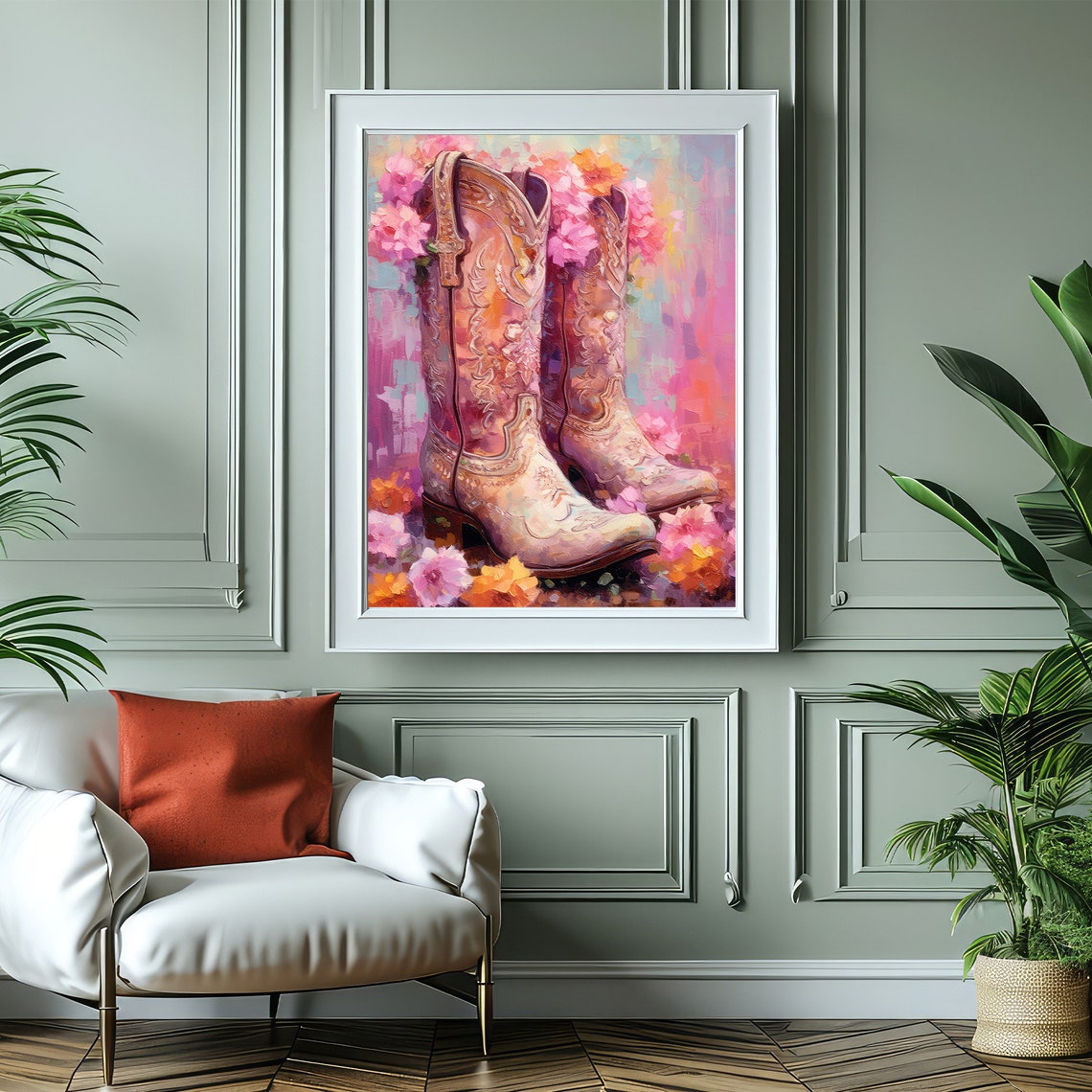 Embossed Tan Cowboy Boots Among Pink Flowers Western Art Poster - Image 5
