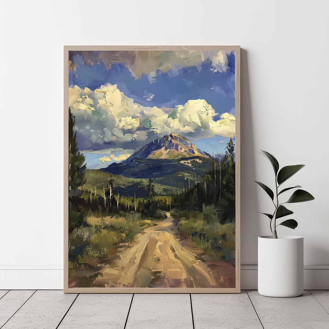 Rustic Dirt Country Road Toward Mountain Under Dramatic Sky Poster