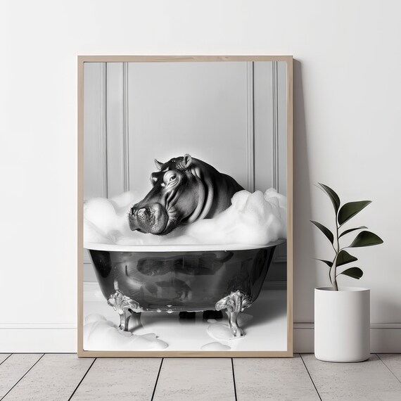 Happy Hippo Relaxing In Bubble Bath Black And White Funny Poster