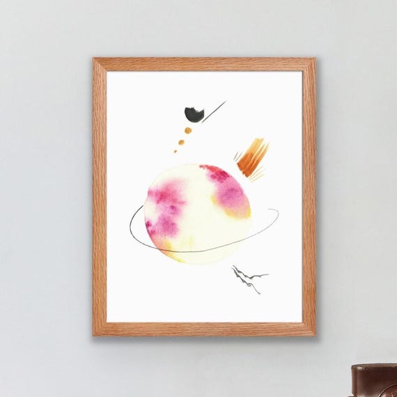 Pink Watercolor Saturn Planet Ring Minimalist Space Kids Room Modern Art Poster