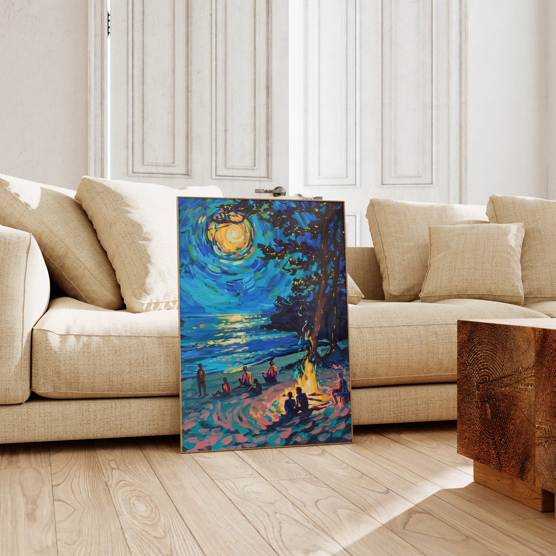 Night Beach Campfire with Friends Under Bright Moon Art Poster - Image 2