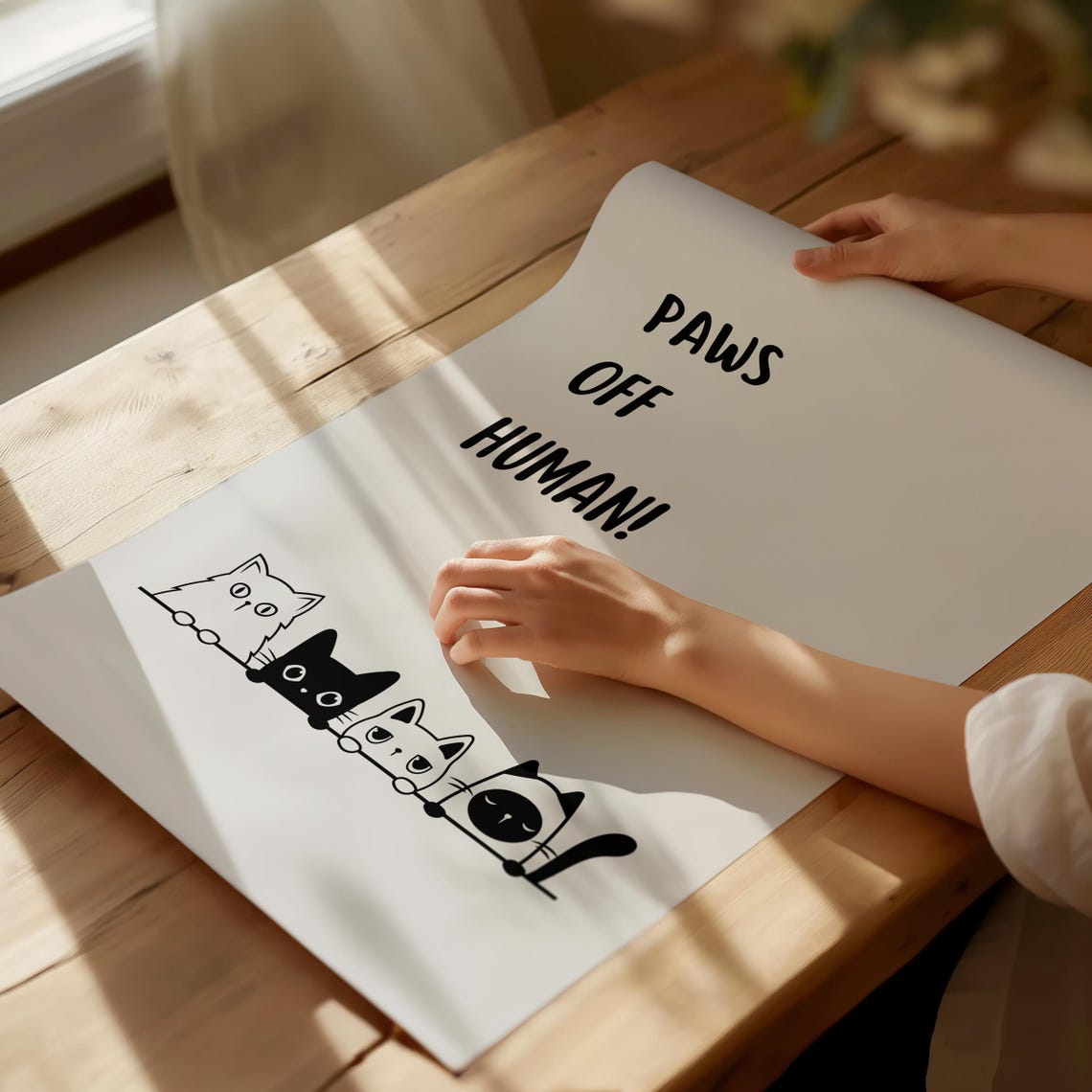 Paws Off Human Four Peeking Cats Funny Cartoon Quote Art Poster - Image 4