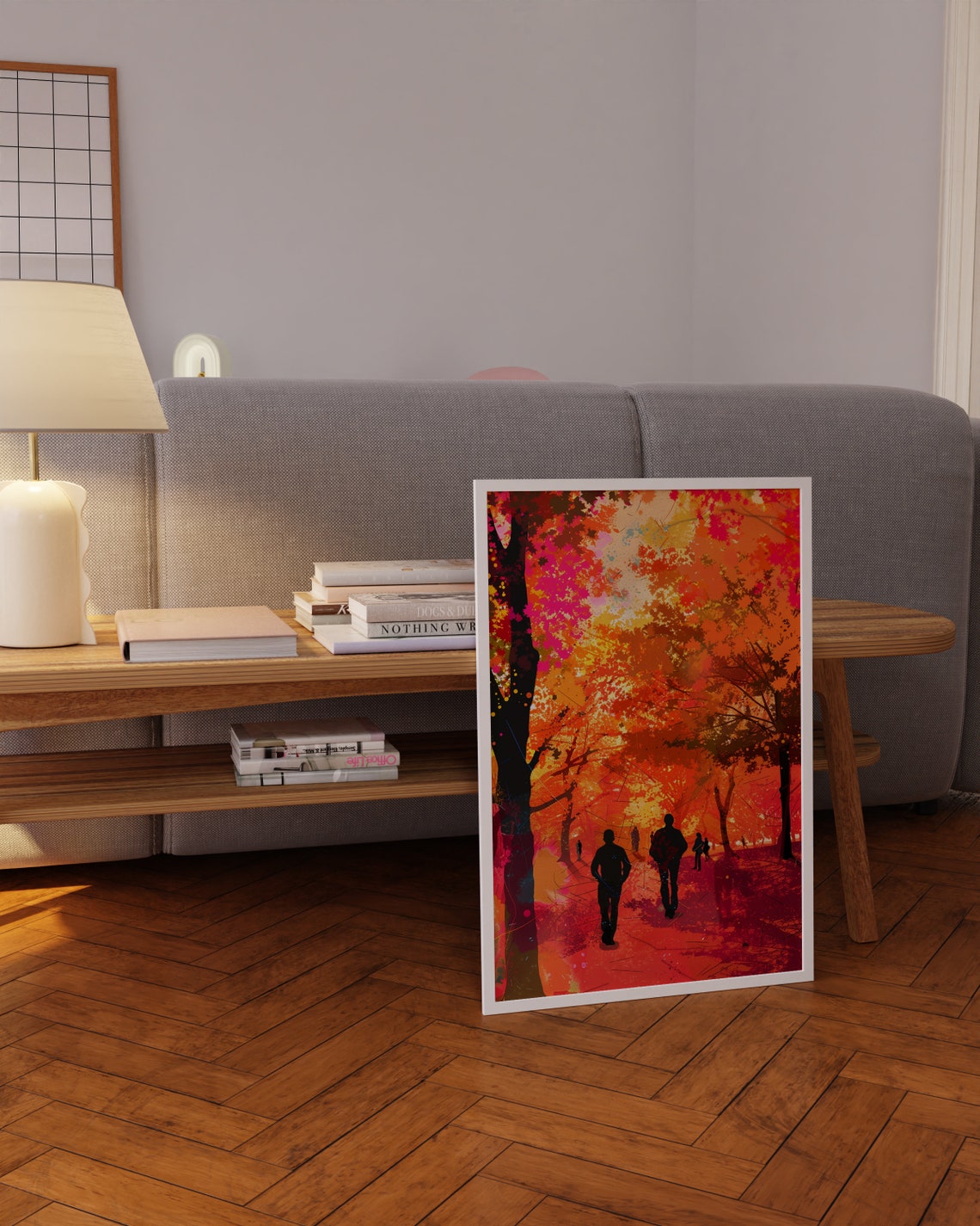 Red Autumn Forest Path with Walking Silhouettes Colorful Art Poster - Image 3