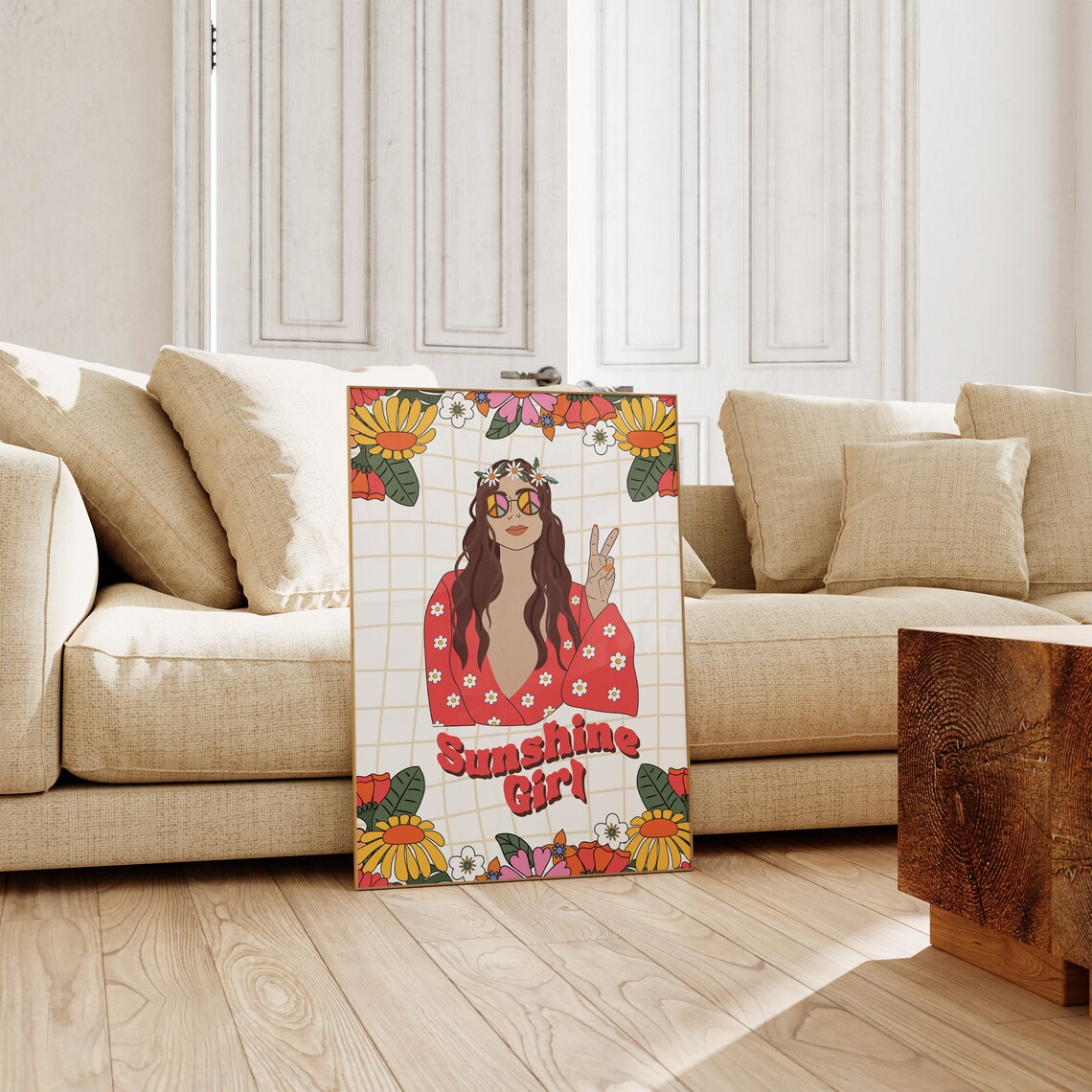 Sunshine Girl Retro Hippie Floral Peace Sign Groovy Art Poster - Image 3