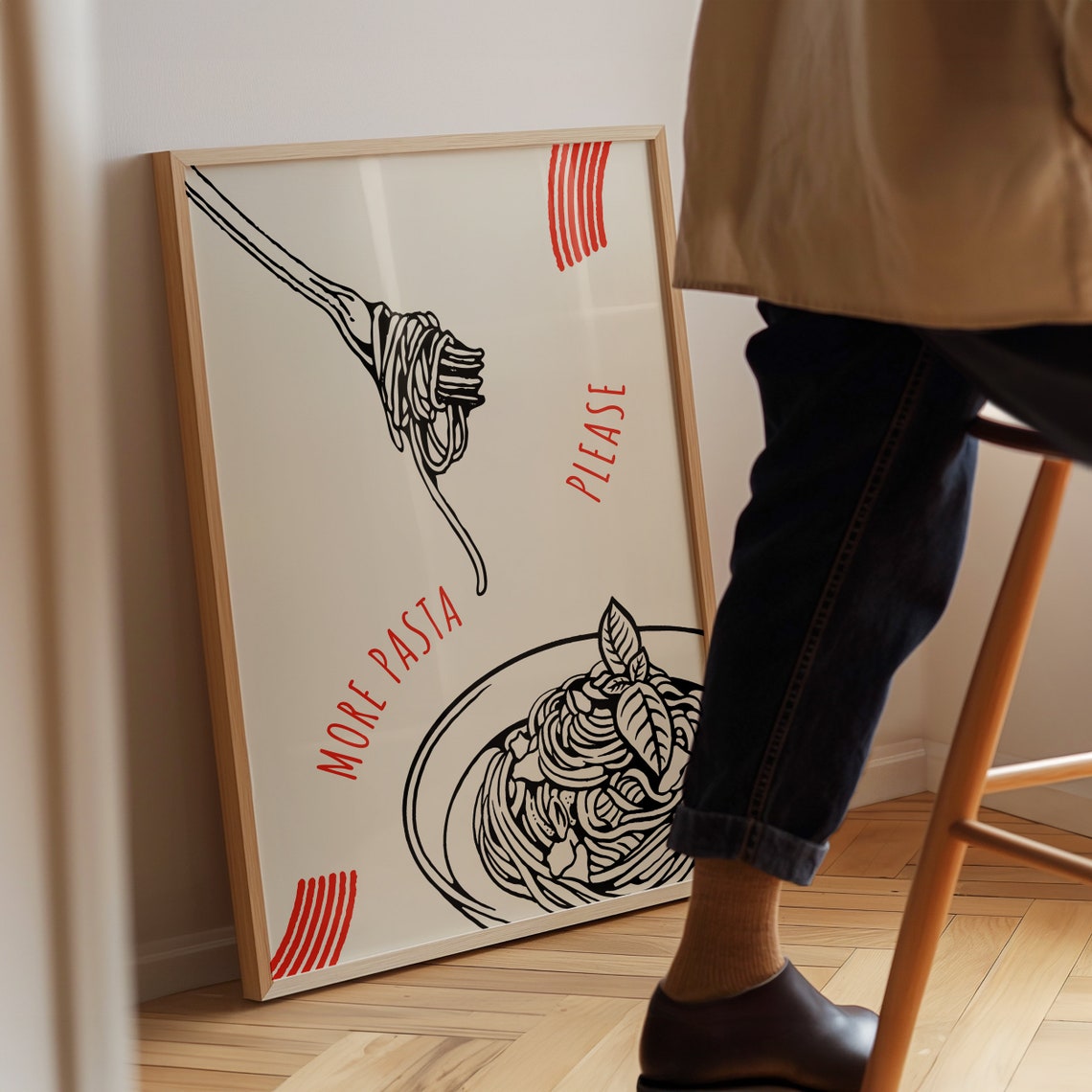 More Pasta Please Spaghetti Bowl Basil Black Line Art Kitchen Poster - Image 2