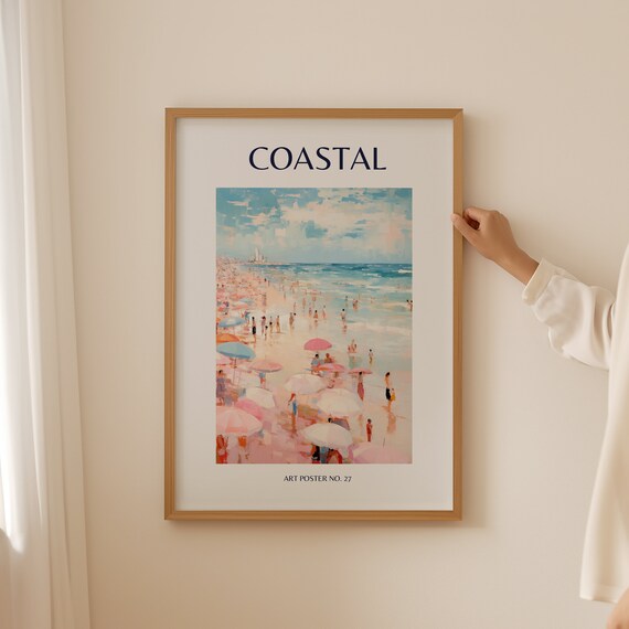 Coastal Pink Beach Umbrellas Watercolor Art Poster Number 27