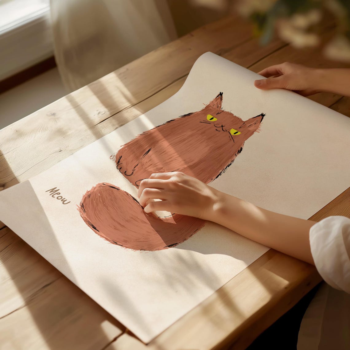 Fluffy Ginger Cat With Yellow Eyes Meow Beige Nursery Art Print - Image 4