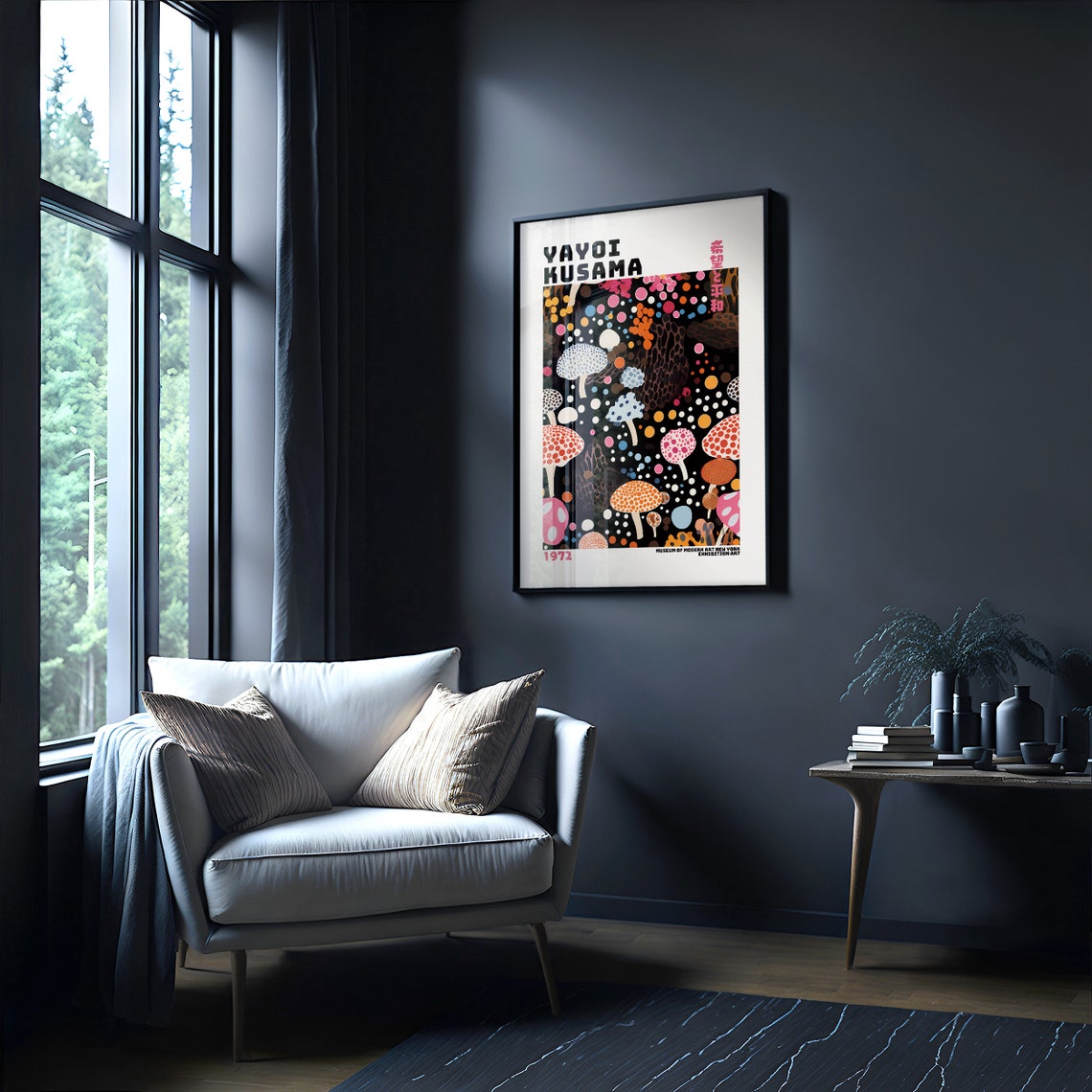 Yayoi Kusama 1972 Dotted Mushroom Forest Black Modern Art Poster - Image 3