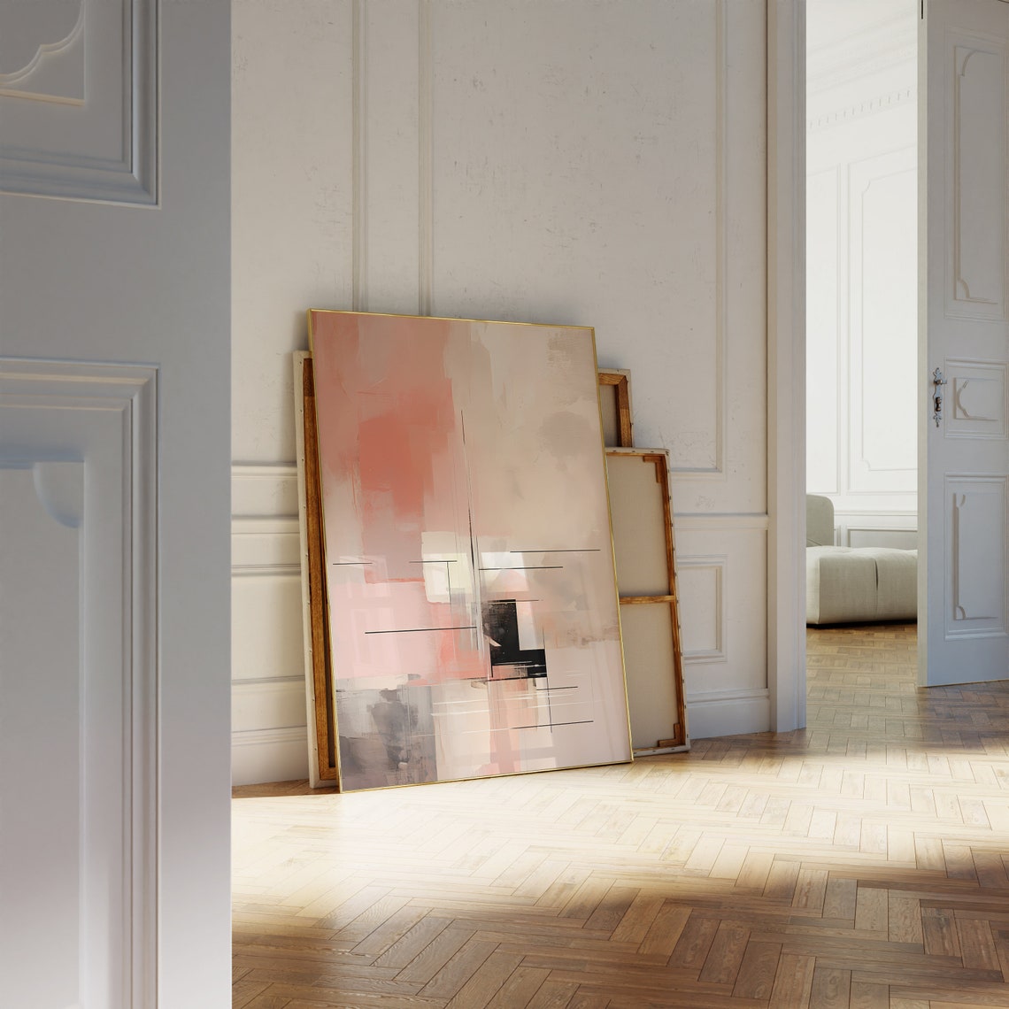 Coral Blush Abstract Painterly Blocks With Thin Black Lines Poster - Image 3