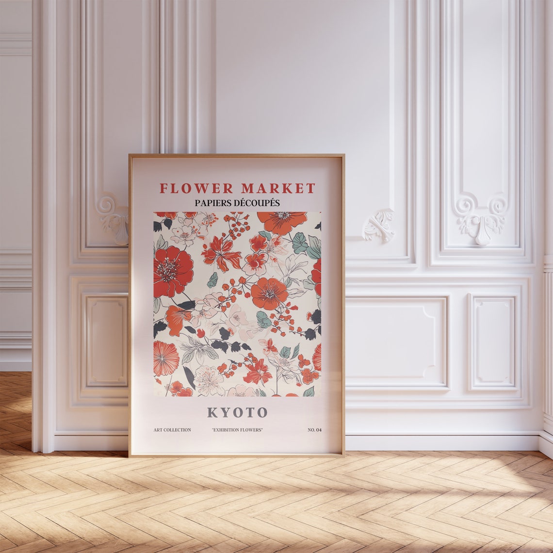 Flower Market Kyoto Red Orange Blossom Teal Accents Pattern Poster - Image 5