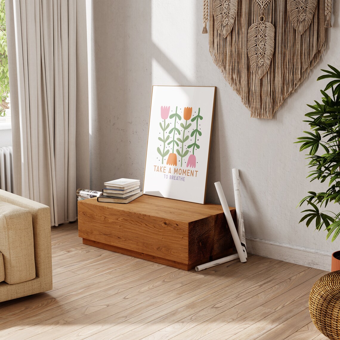 Take a Moment to Breathe Floral Mindfulness Quote Art Poster - Image 3