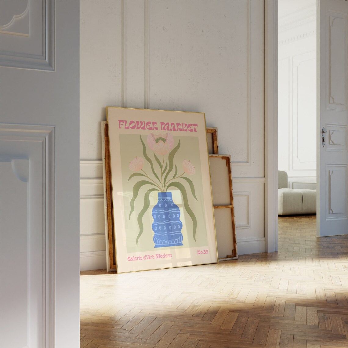 Flower Market No 32 Blush Pink Blooms Blue Vase Floral Art Poster - Image 2