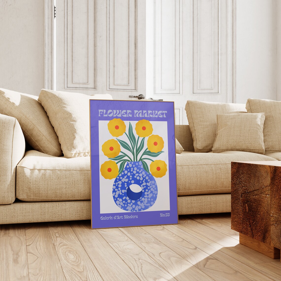Flower Market No 35 Yellow Blooms in Blue Dotted Vase Art Poster - Image 3