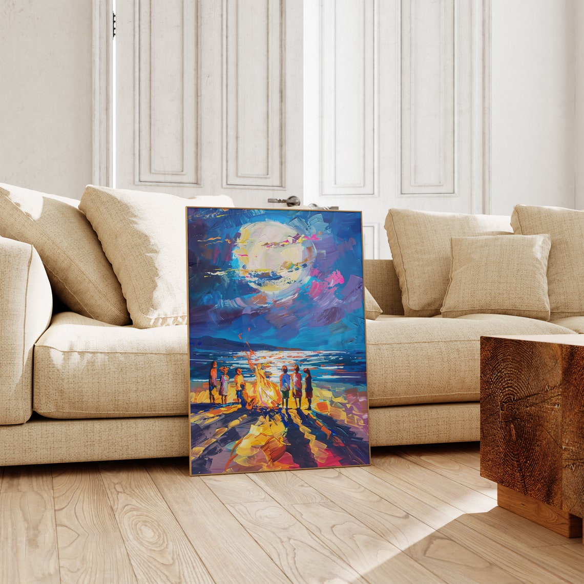 Beach Bonfire Gathering Under Giant Moon Night Ocean Art Poster - Image 2