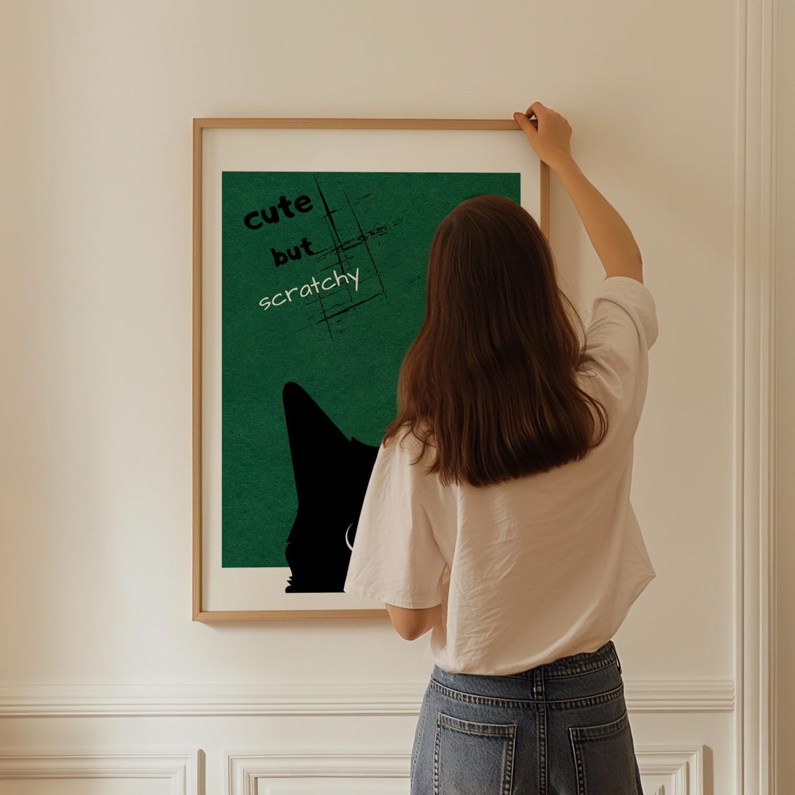Cute but Scratchy Black Cat Peeking Around on Green Funny Poster - Image 3