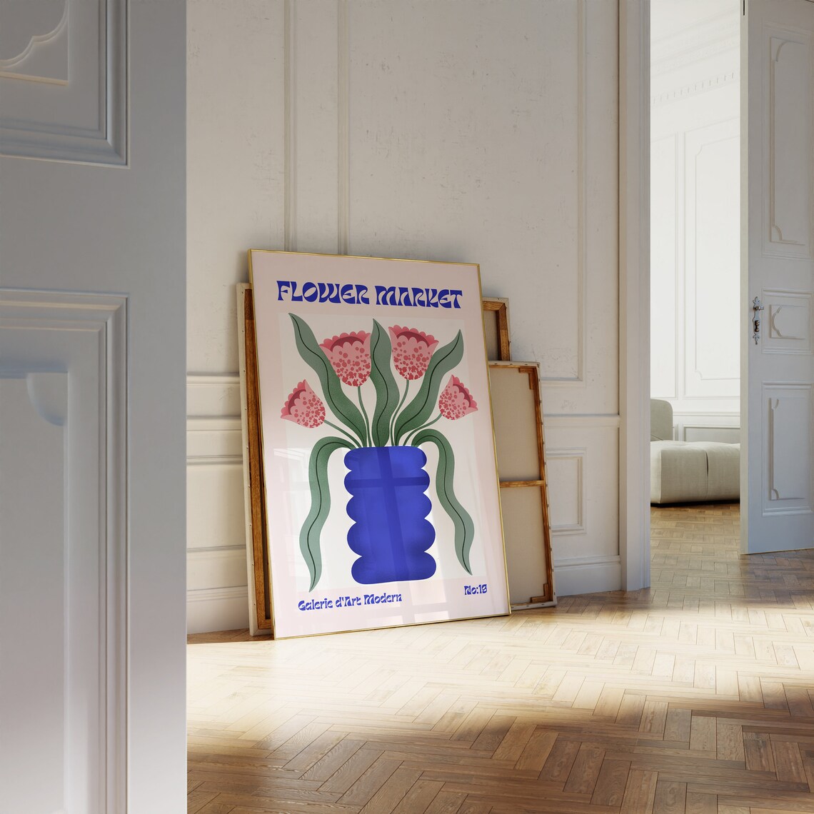 Flower Market No 19 Pink Spotted Tulips Blue Vase Art Poster - Image 2