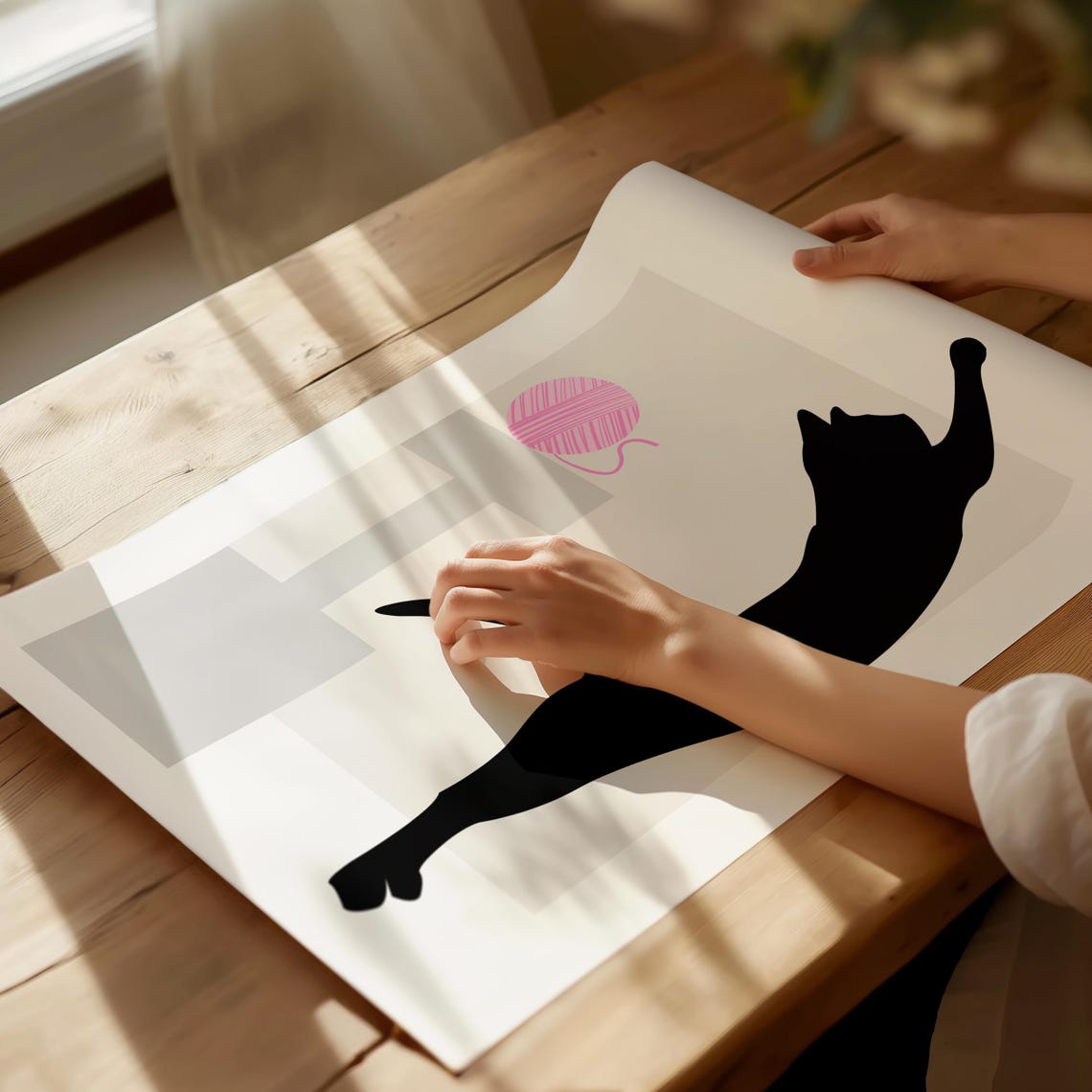 Black Cat Stretching Tall for Pink Yarn Ball Minimalist Poster - Image 4