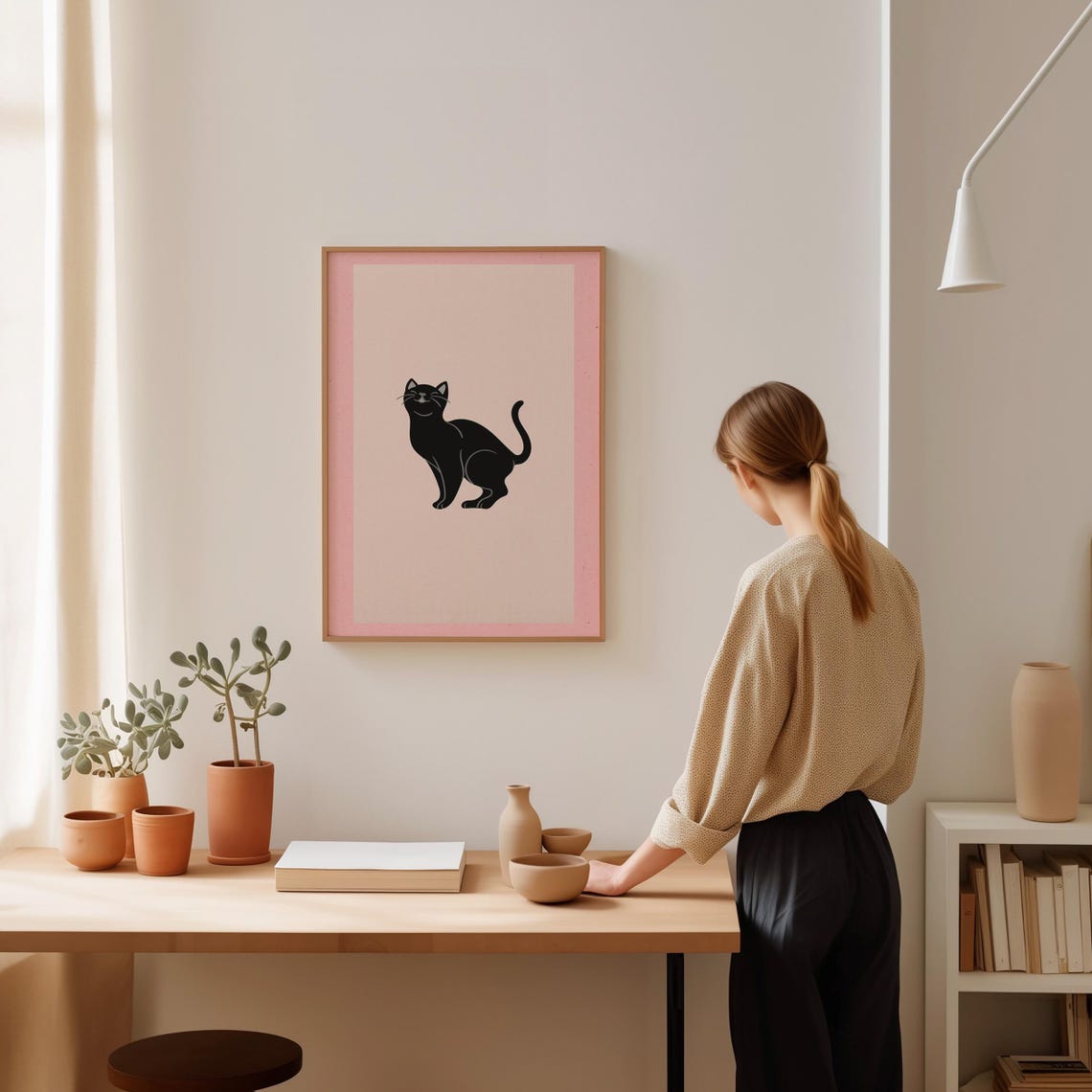 Minimalist Black Cat Silhouette Pink Line Art Cute Kitty Poster - Image 2